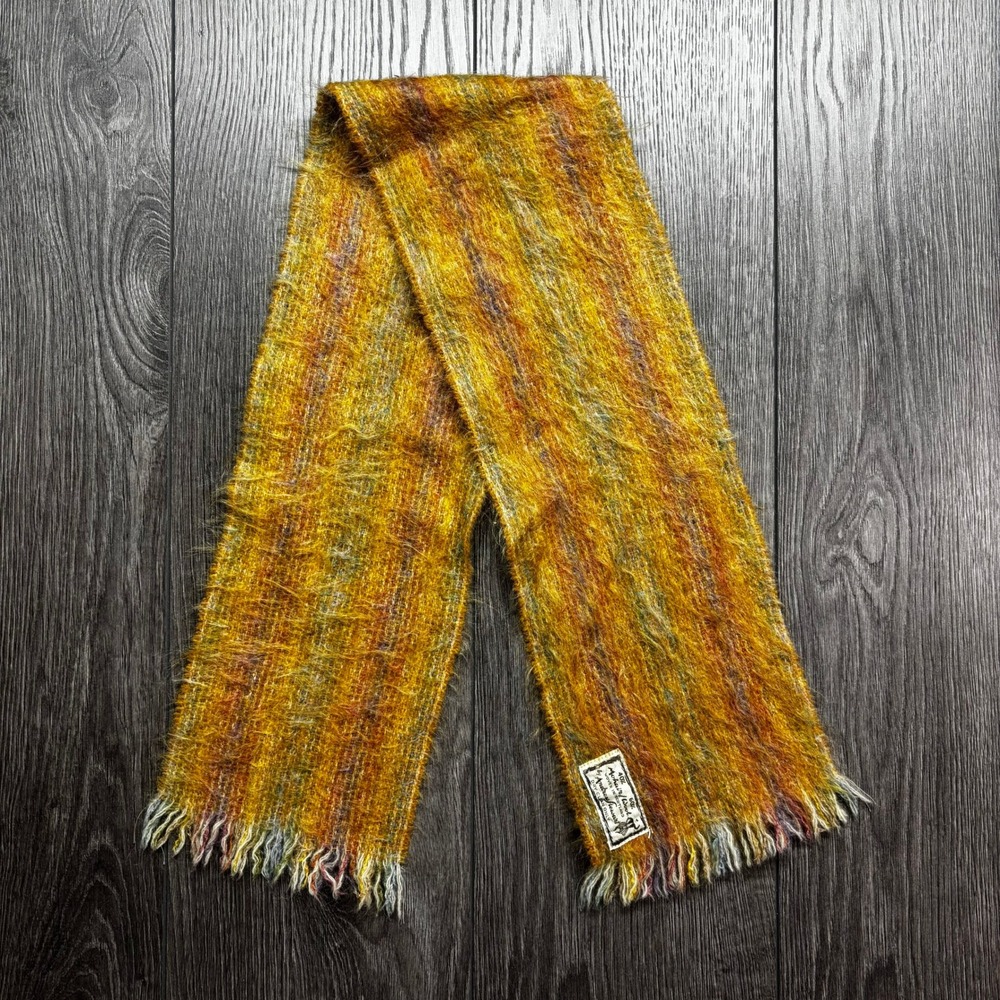 Vintage Andrew Stewart Mohair Wool Scarf Woven in Scotland Mustard Yellow Stripe